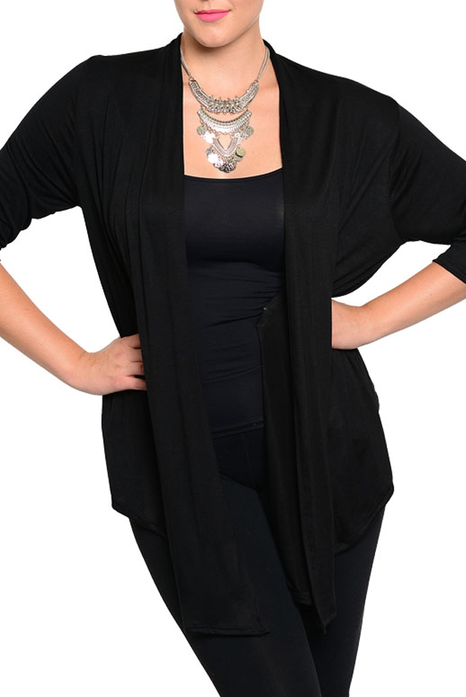 DHStyles.com DHStyles Women's Black Plus Size Trendy Sheer 3/4 Sleeve Knit Cardigan Top