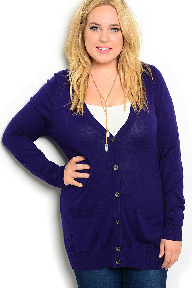 DHStyles.com DHStyles Women's Purple Plus Size Chic Fitted Sheer Long Sleeve Button Down V Neck Double Pocket Cardigan - XL Plus