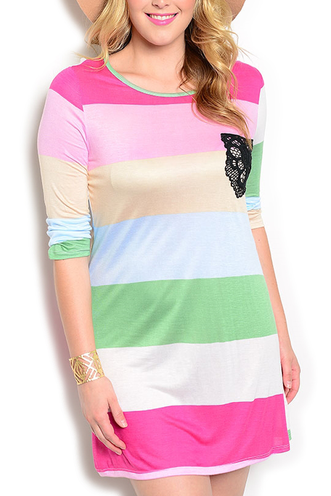 DHStyles.com DHStyles Women's Fuchsia Green Plus Size Sexy Sheer Soft Knit Striped Pocket Dress