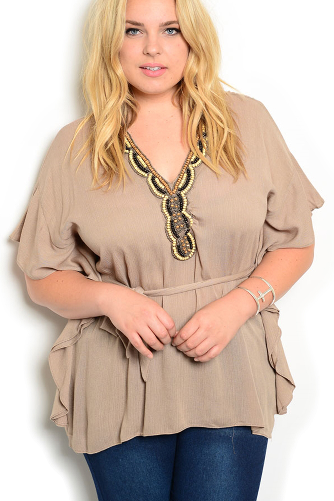 DHStyles.com DHStyles Women's Sand Plus Size Dressy Fitted Sheer Paneled Embellished V Neck Kimono Top With Tie-able Sash