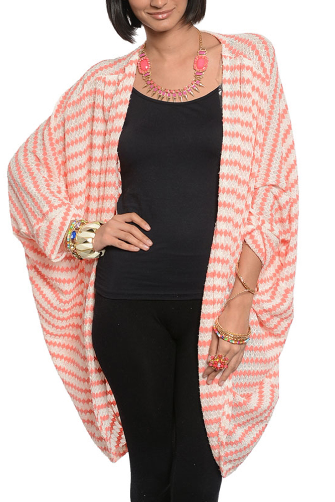 DHStyles.com DHStyles Women's Peach Ivory Trendy Diamond Weave Knit Long Cardigan Top - Large