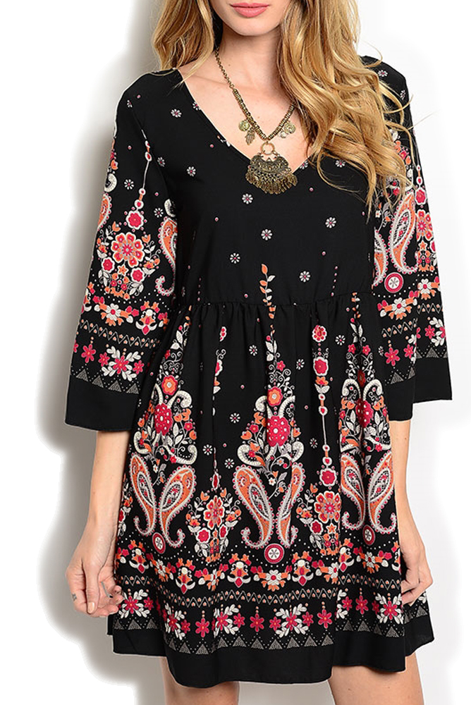 DHStyles.com DHStyles Women's Black Rust Girly Flowy Paisley Print V Neck Front Strap Back 3/4 Sleeves Party Dress - Large