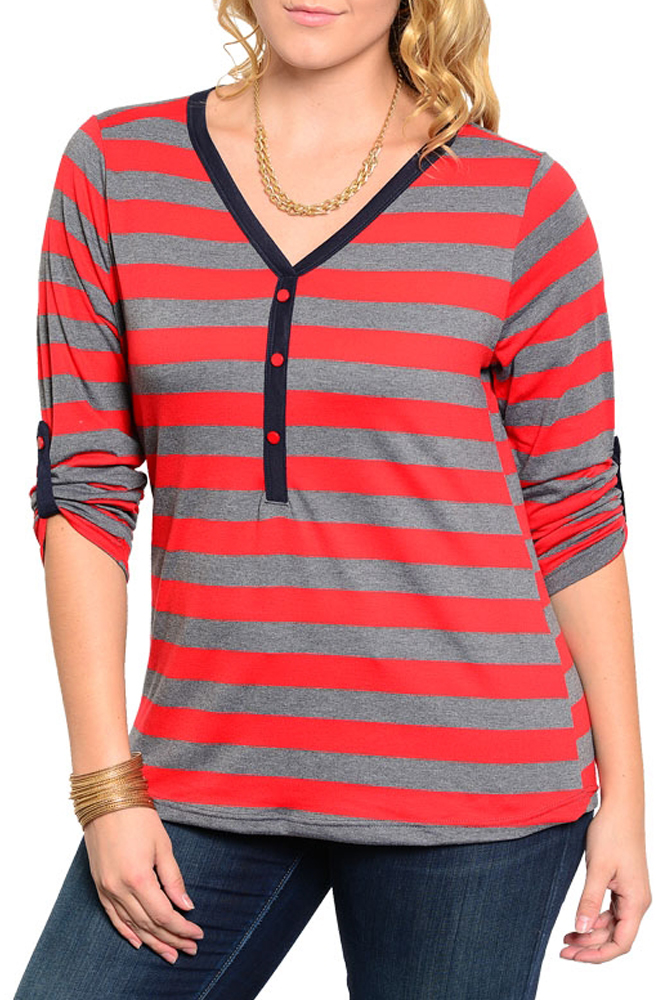 DHStyles.com DHStyles Women's Gray Red Plus Size Trendy Three Button Striped Cuffed Sleeve Soft Knit Top - 3X