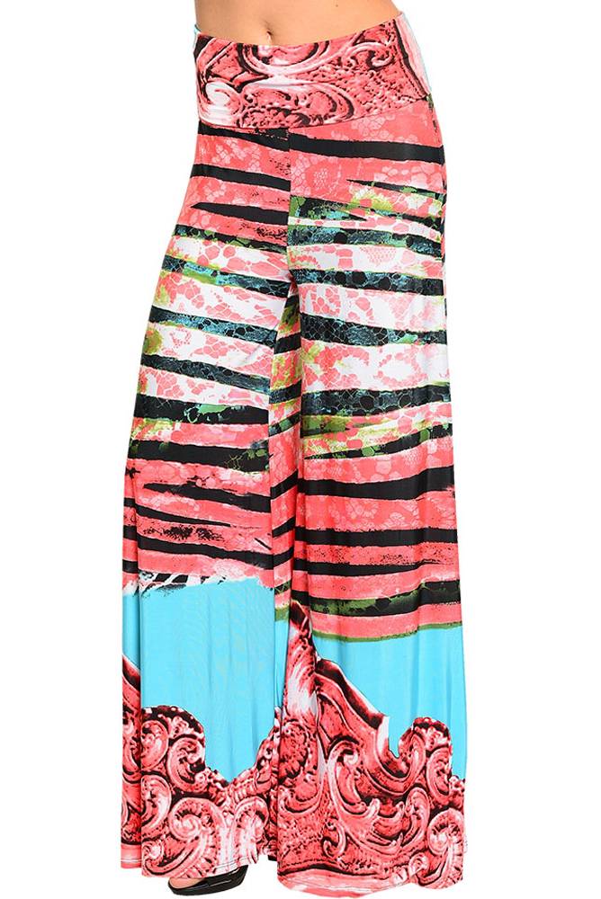 DHStyles.com DHStyles Women's Coral Blue Trendy Lightweight Striped Mixed Print Lounge Pants