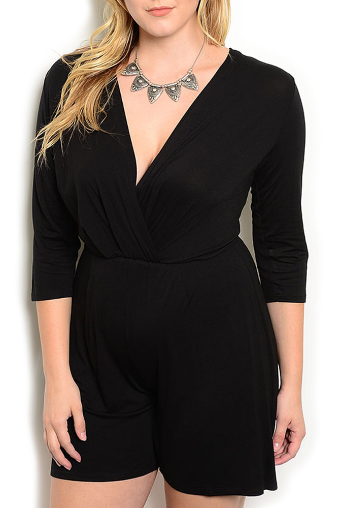 DHStyles.com DHStyles Women's Black Plus Size Sexy Sheer Plunging Wrap Front Soft Knit Romper - 1X Plus