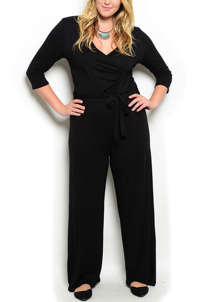 DHStyles.com DHStyles Women's Black Plus Size Chic Fitted Wrap Front V Neck Wide-Legged Maxi Romper With Tie-able Sash - 2X Plus