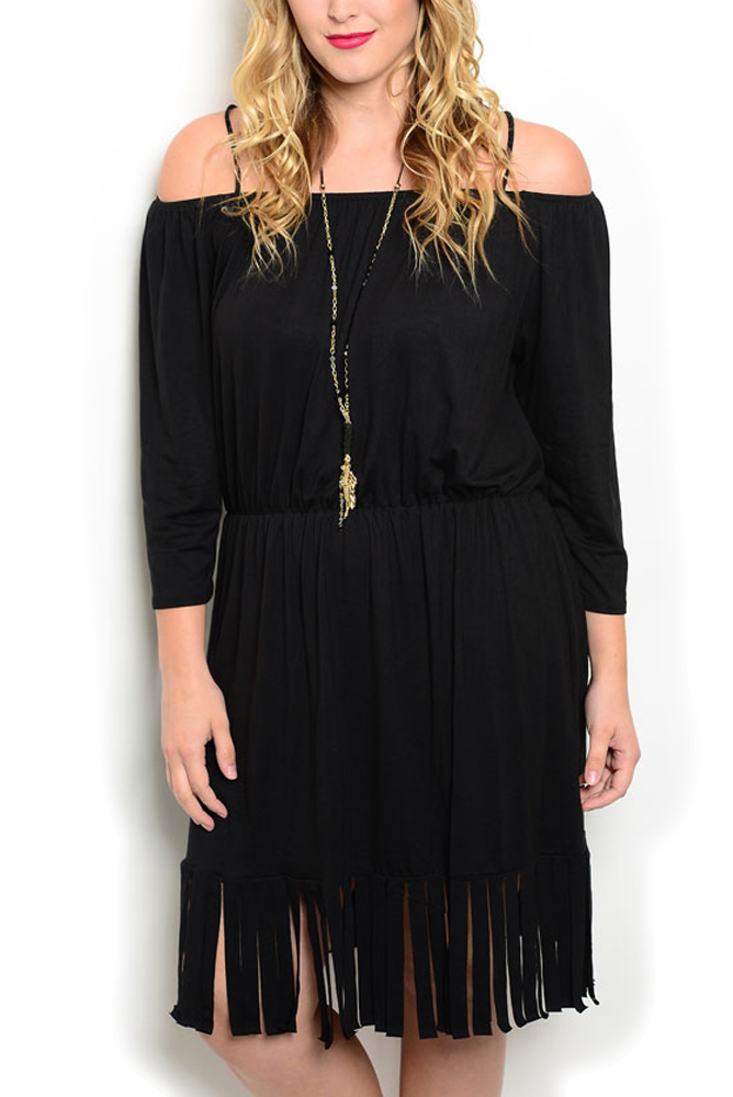 DHStyles.com DHStyles Women's Black Plus Size Trendy Fitted Off The Shoulder Jersey Knit Fringed Hem Party Dress - 1X Plus