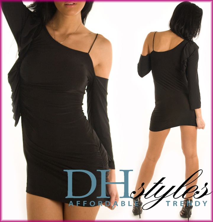Black Stylish Long Sleeve One Shoulder Dress