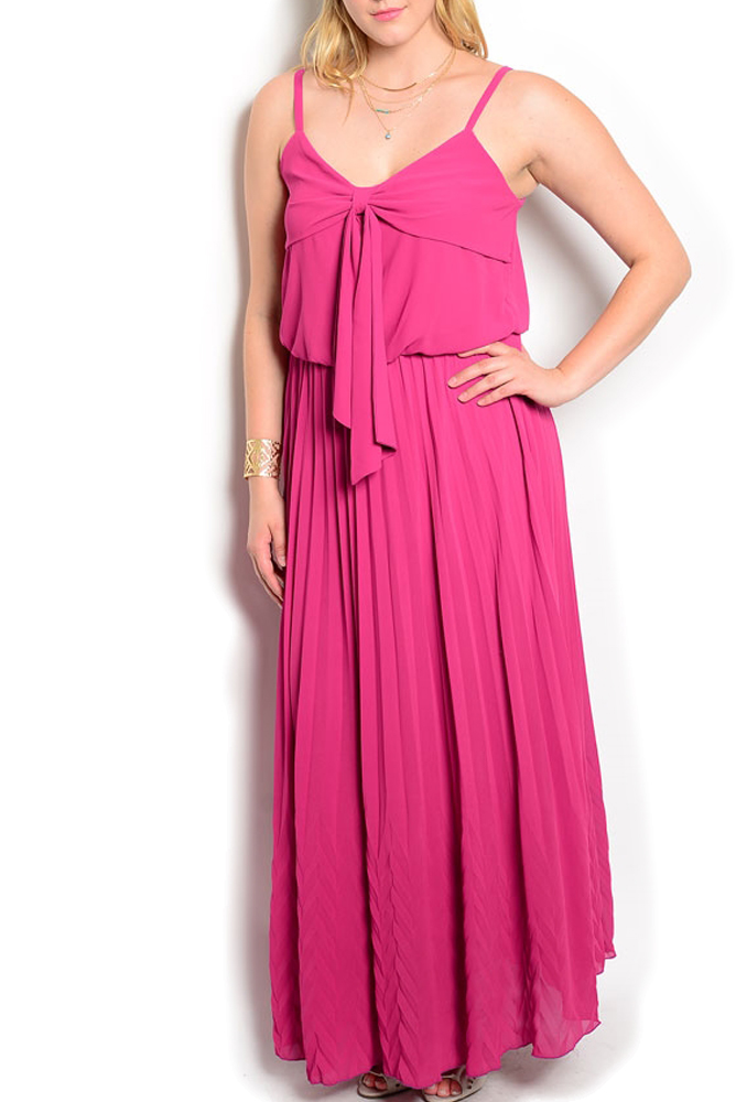 DHStyles.com DHStyles Women's Magenta Plus Size Girly Flowy Spaghetti Straps Bow Front V Neck Pleated Overlay Maxi Dress - 2X Plus