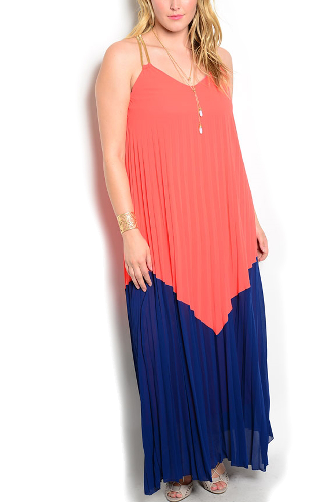 DHStyles.com DHStyles Women's Coral Royal Plus Size Casual Chained Color Blocked Racerback Pleated Overlay Maxi Dress - 3X Plus