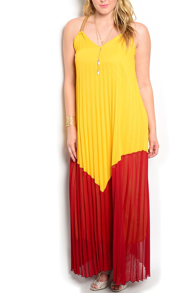DHStyles.com DHStyles Women's Yellow Burgundy Plus Size Casual Chained Color Blocked Racerback Pleated Overlay Maxi Dress