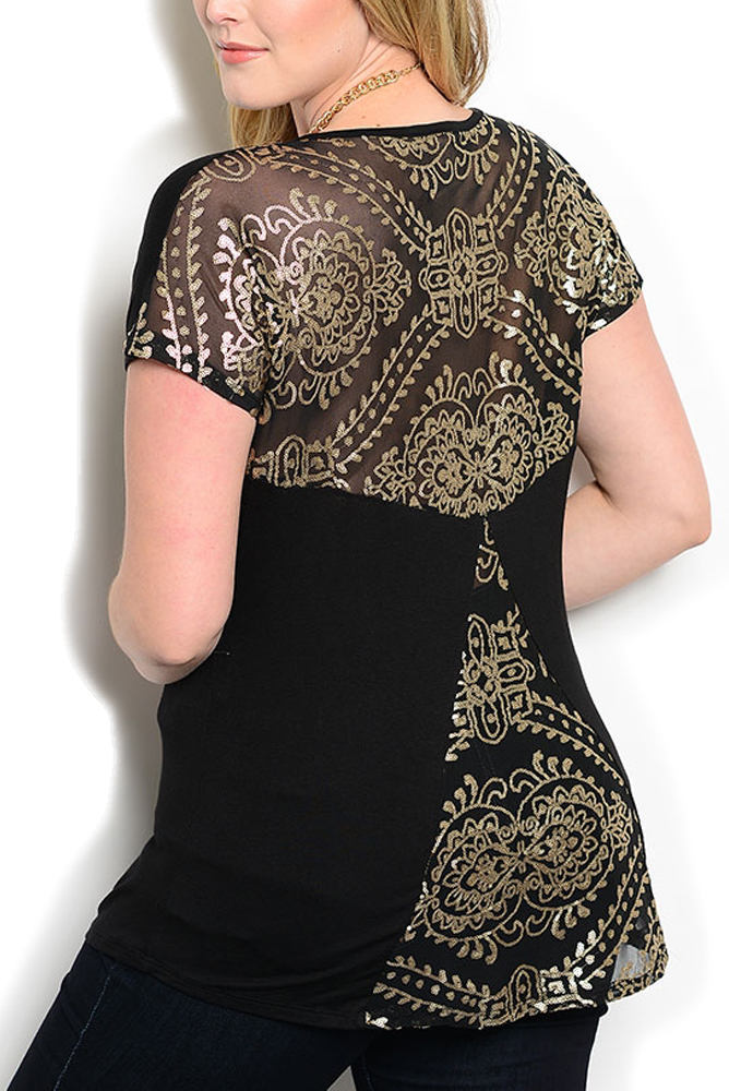 DHStyles.com DHStyles Women's Black Gold Plus Size Sexy Sheer Abstract Paneled Mesh Sequined Split Back Top - 3X Plus