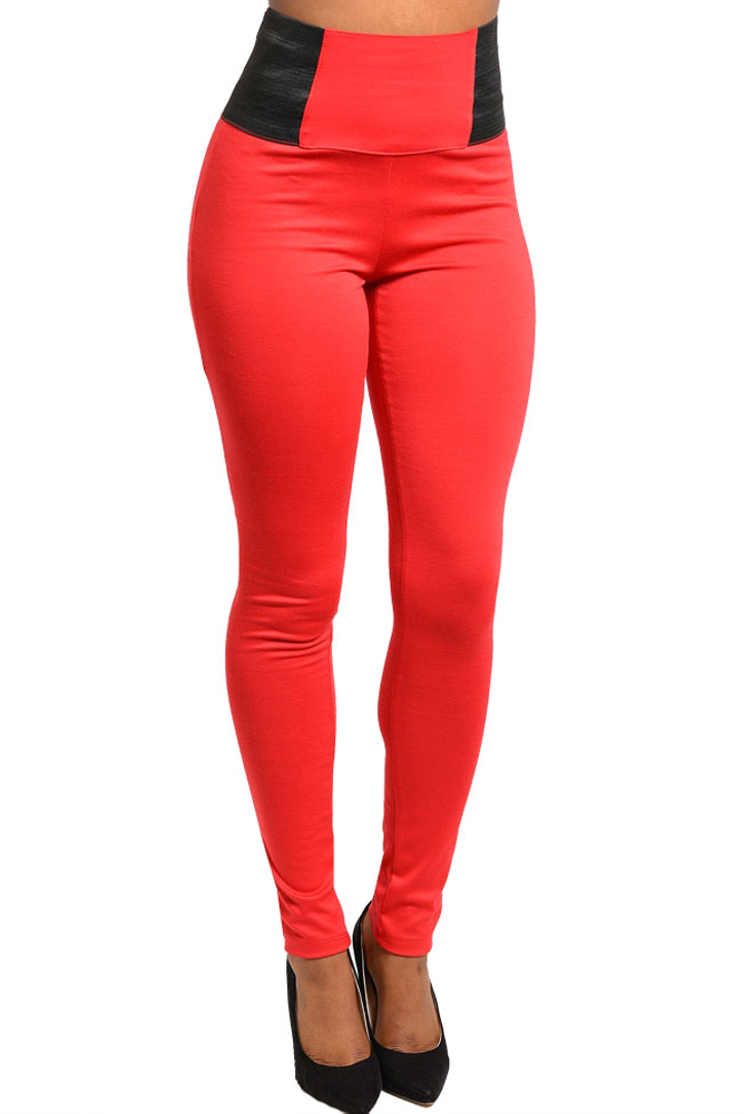 DHStyles.com DHStyles Women's Red Black Sexy Lightweight Knit Wide Band Fitted Skinny Leggings - Large