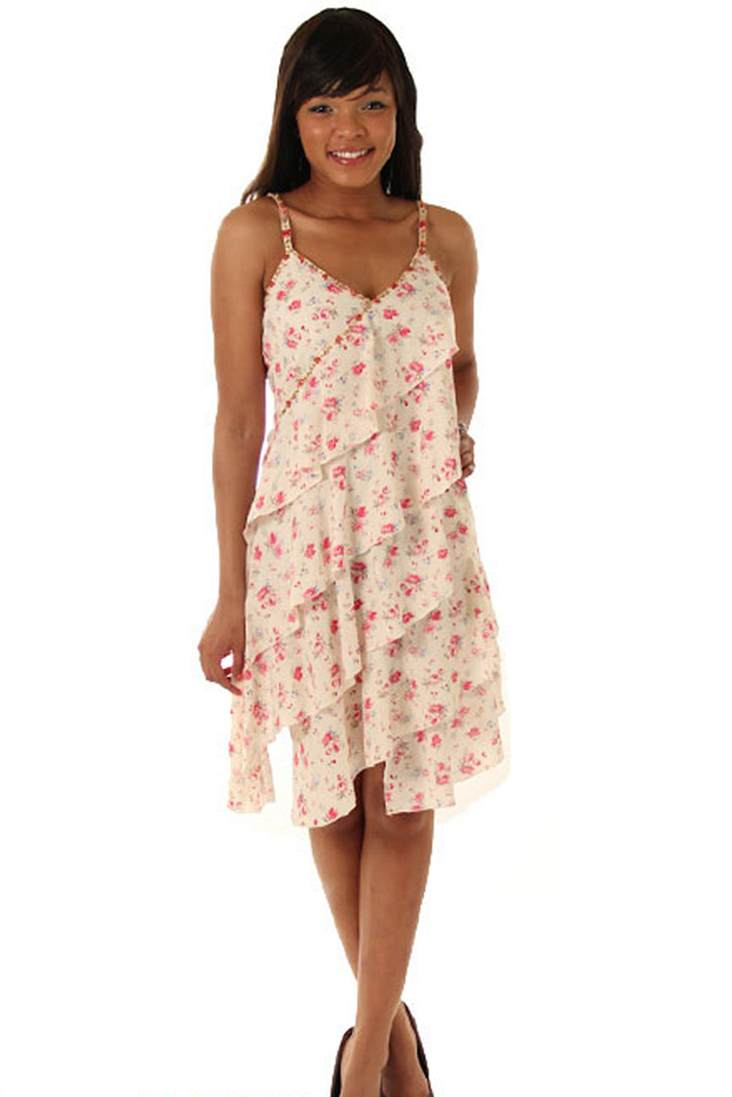 DHStyles.com DHStyles Women's Ivory Pink Babys Breath Tiered Kerchief Dress - Large