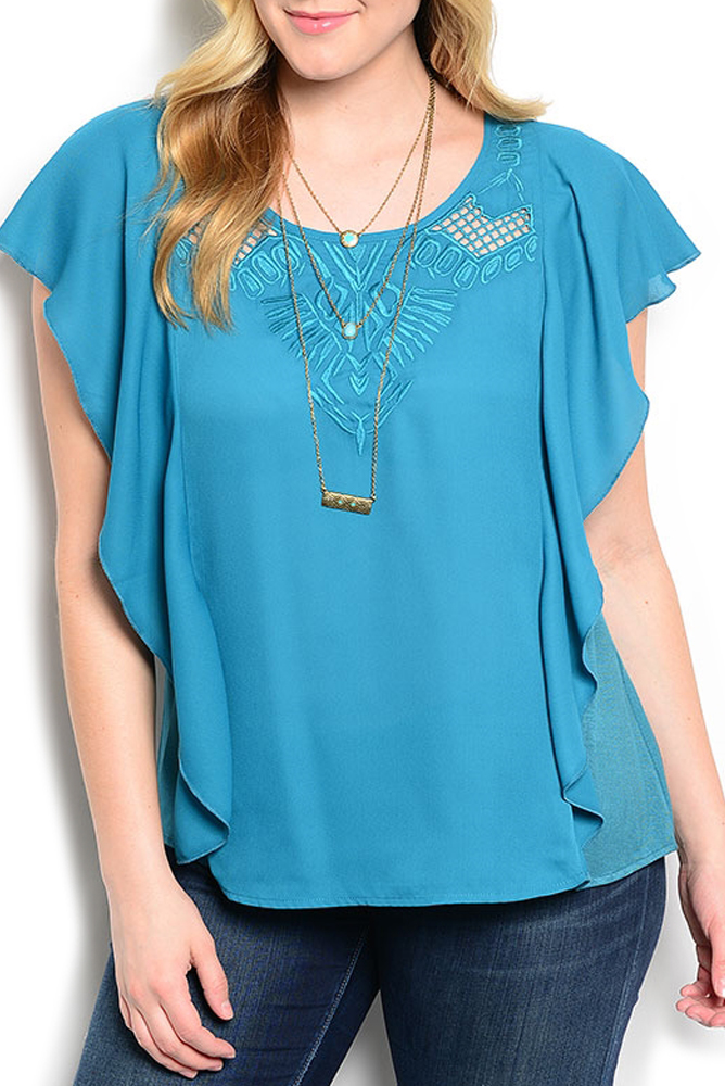 DHStyles.com DHStyles Women's Teal Plus Size Trendy Cut Out Waterfall Sleeve Flowy Top - 2X Plus