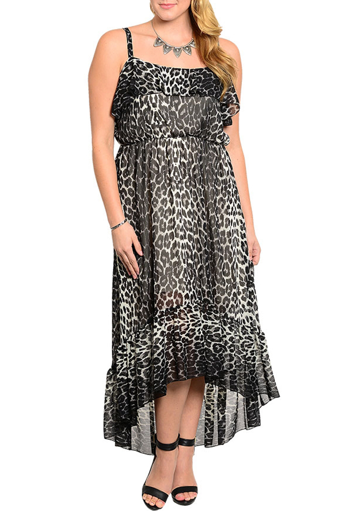 DHStyles.com DHStyles Women's Black Gray Plus Size Flirty Leopard Print Ruffled High-Low Maxi Dress - 3X