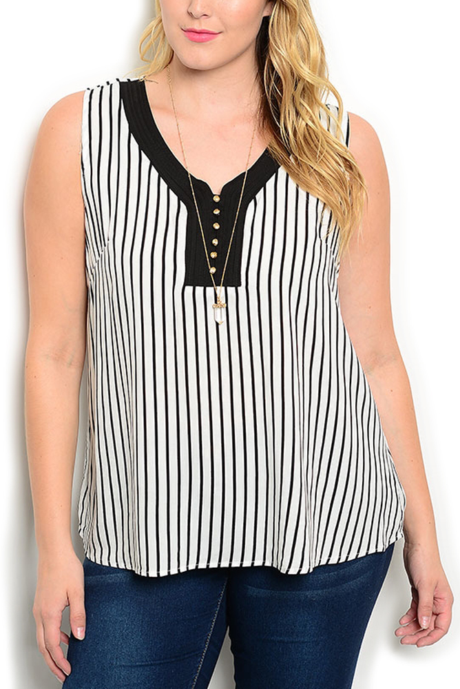 DHStyles.com DHStyles Women's White Black Plus Size Sexy Sheer Striped Sleeveless V Neck Top - 1X Plus