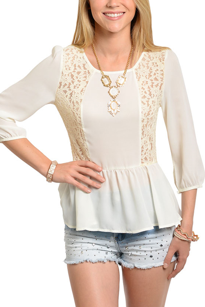 DHStyles.com DHStyles Women's Ivory Sexy Sheer Chiffon Trendy Lace Cut Out Peplum Top - Medium