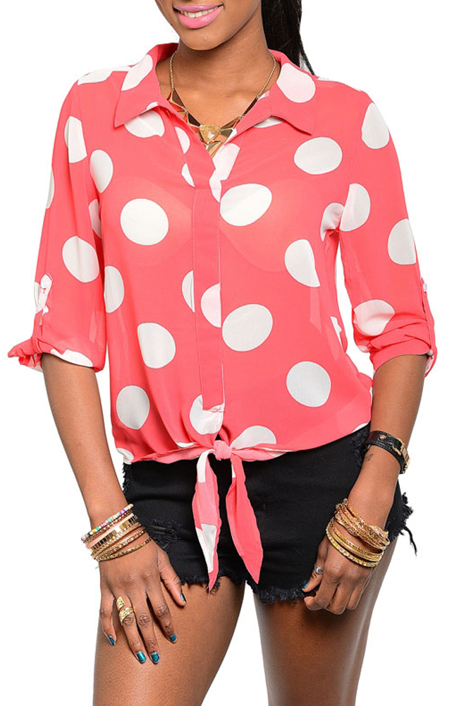 DHStyles.com DHStyles Women's Coral White Trendy Polka Dot Button Down Tie Front Top - Medium