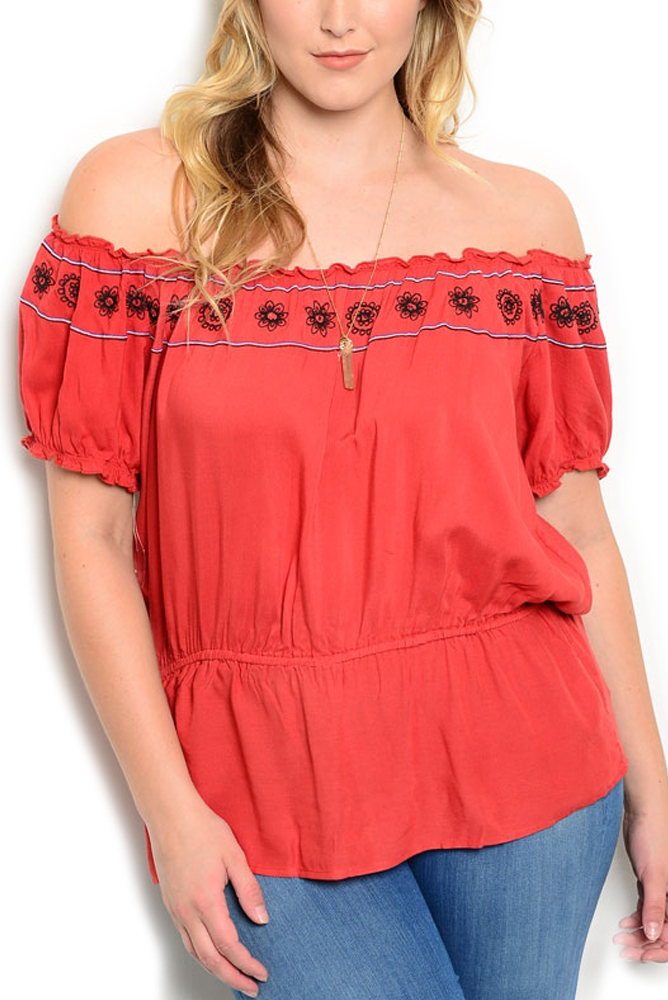 DHStyles.com DHStyles Women's Rust Plus Size Trendy Boho Chic Off Shoulder Embroidered Top