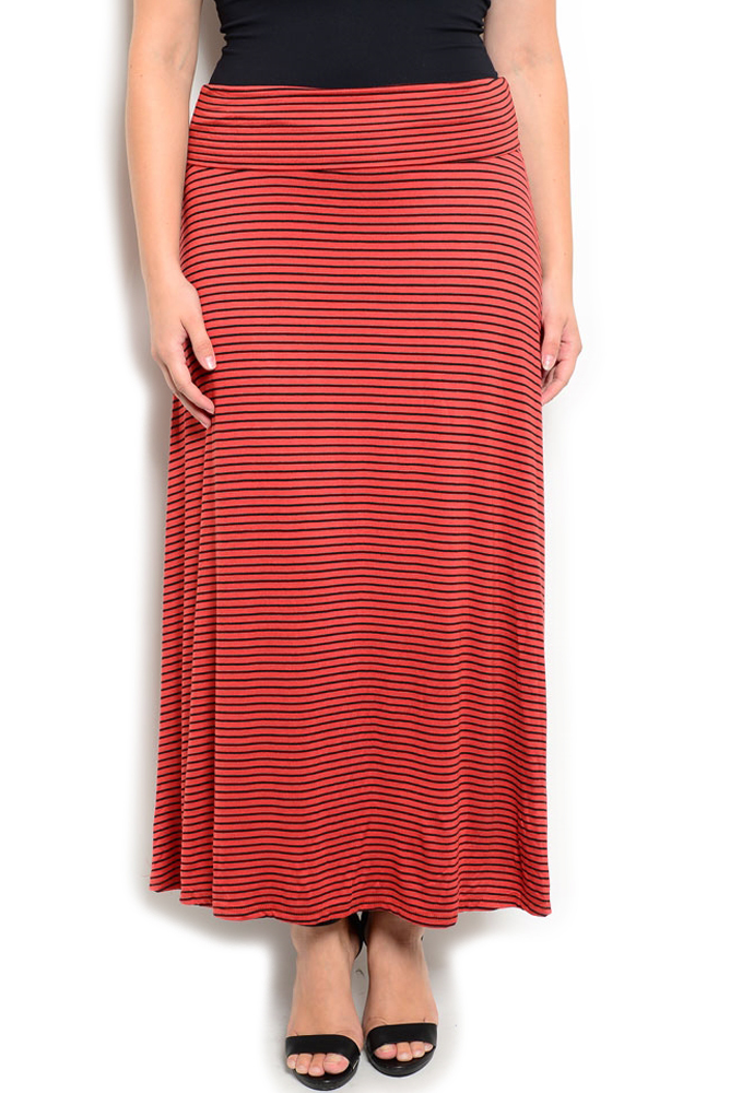 DHStyles.com DHStyles Women's Rust Black Plus Size Casual Flowy Sheer Striped Stretch Knit Maxi Skirt