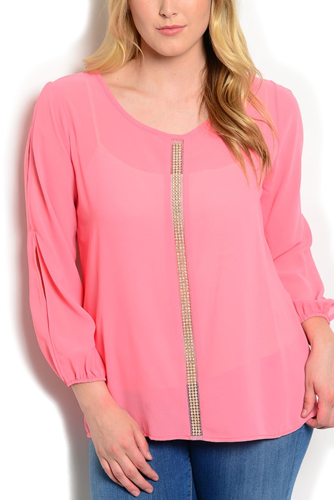 DHStyles.com DHStyles Women's Pink Plus Size Trendy Sheer Long Slashed Sleeves Embellished Strip Down Front Keyhole Back High Low Top - 1X Plus