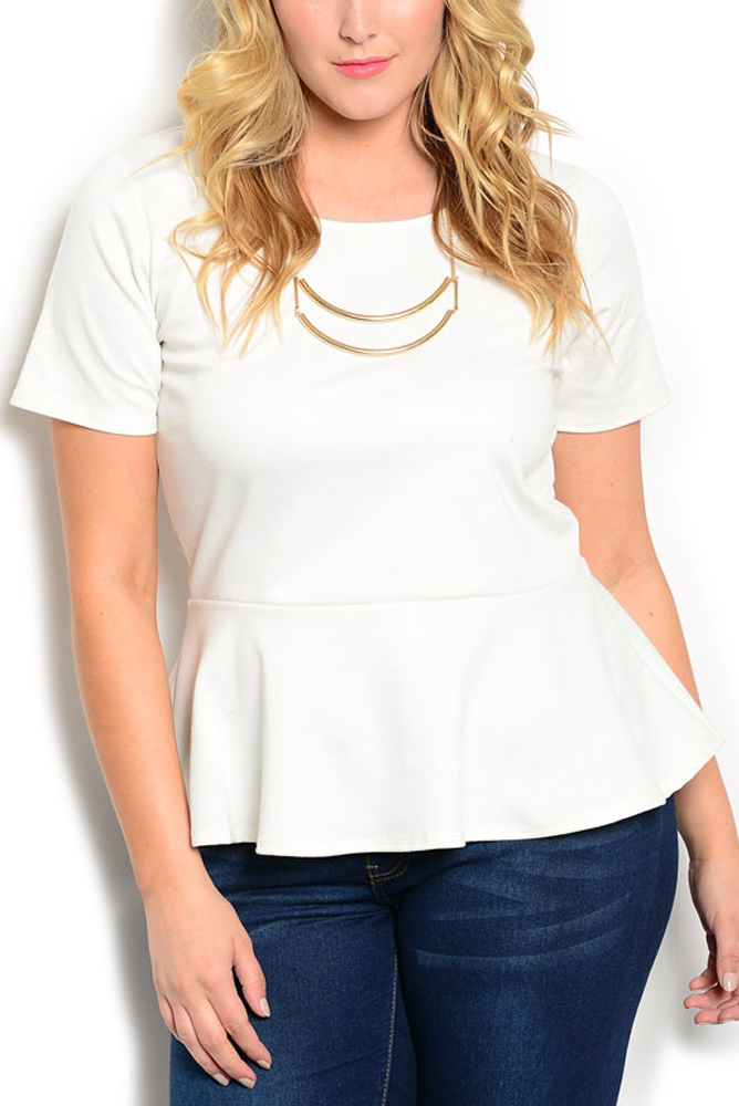 DHStyles.com DHStyles Women's White Plus Size Trendy Soft Knit Short Sleeve Peplum Top - 1X Plus