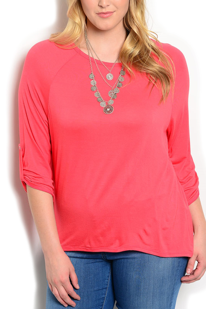 DHStyles.com DHStyles Women's Coral Plus Size Boho Sheer 3/4 Button Cuffed Sleeves Split Striped Back High Low Top - 2X Plus